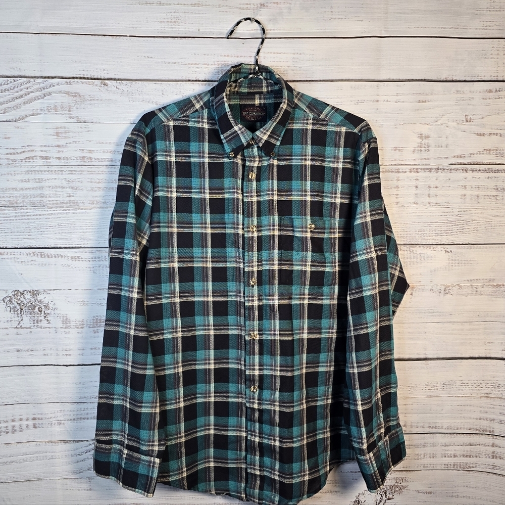 Ivy Classics Plaid Button Down Shirt Size Large Green Blue Flannel